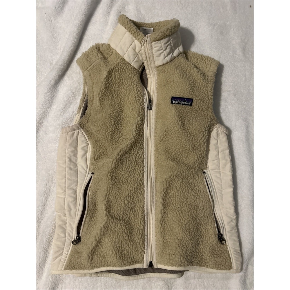 Patagonia Vest Women's Small Cream Sherpa Deep Pile Full Zip Fleece Logo